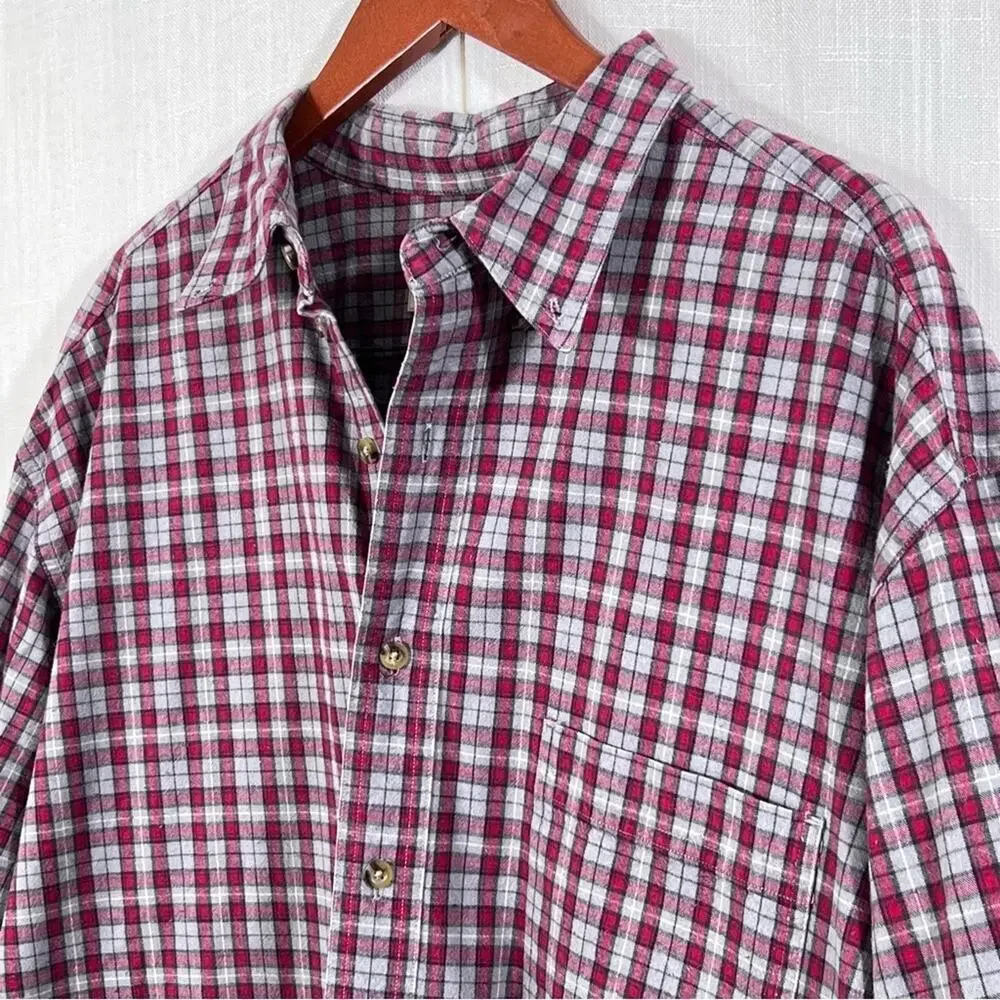 Eddie Bauer Red Grey Plaid Button Down Shirt Men’s Size XL